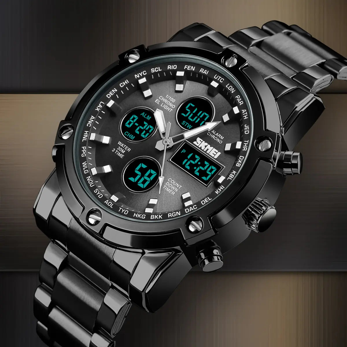 SKMEI Luxe Men's Casual Trendy Wristwatch - 2-Tone Stainless Steel Analog-Digital, 3 Time Zones, Illuminated Screen, Backlight, Alarm, Waterproof Chronograph Watch, Birthday Gift for Him