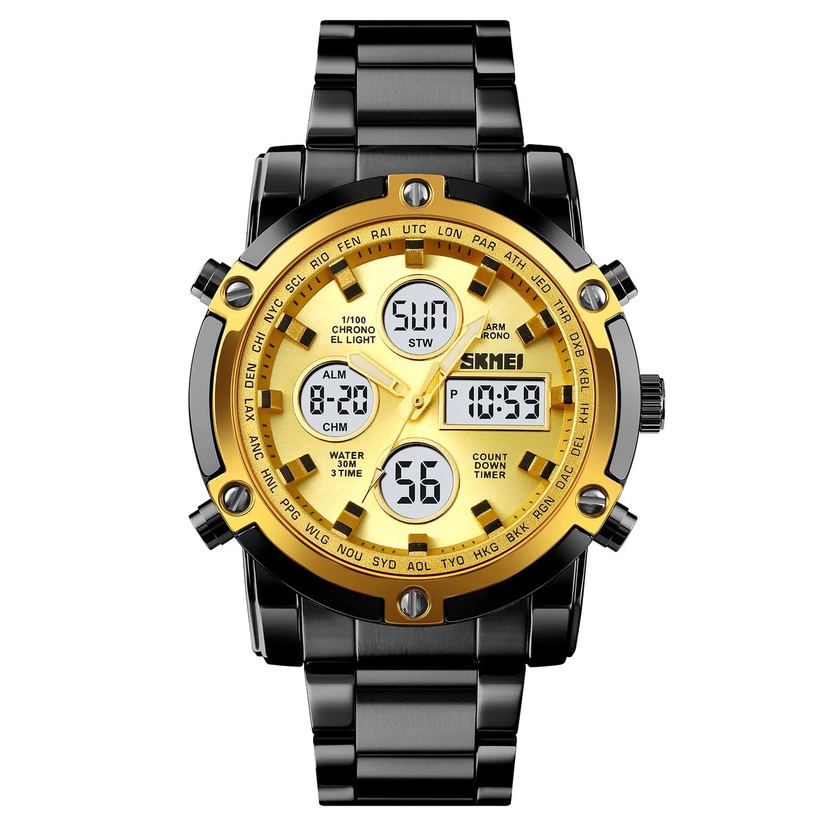 SKMEI Luxe Men's Casual Trendy Wristwatch - 2-Tone Stainless Steel Analog-Digital, 3 Time Zones, Illuminated Screen, Backlight, Alarm, Waterproof Chronograph Watch, Birthday Gift for Him