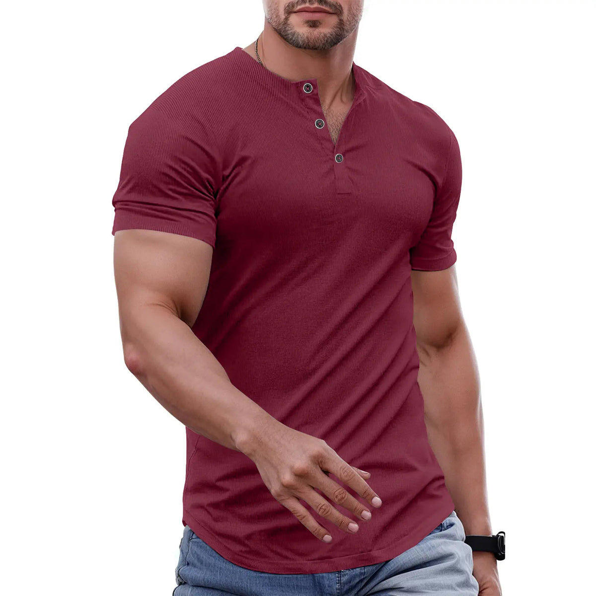 Men's Slim Fit Henley Athletic Longline Workout T-Shirt Heavyweight Stretch