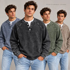 Men's Vintage Washed 3-Button Henley Long Sleeve Plain Pullover, Soft Polyester Oversized Relaxed-Fit Men's Clothing, Dark Brown Casual Streetwear, Dry Clean Compatible Stand Collar Shirt, Everyday Wear Outfits Ribbed Tshirt Wetsuit Menswear Beige Top