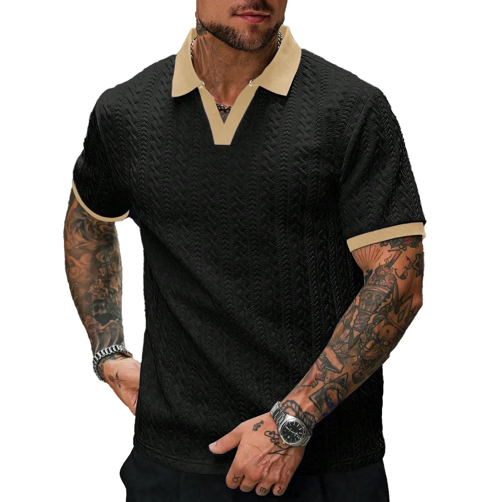 CasualCool Men's Old Money Contrast Knit Short-Sleeve Polo Shirt (Cream)