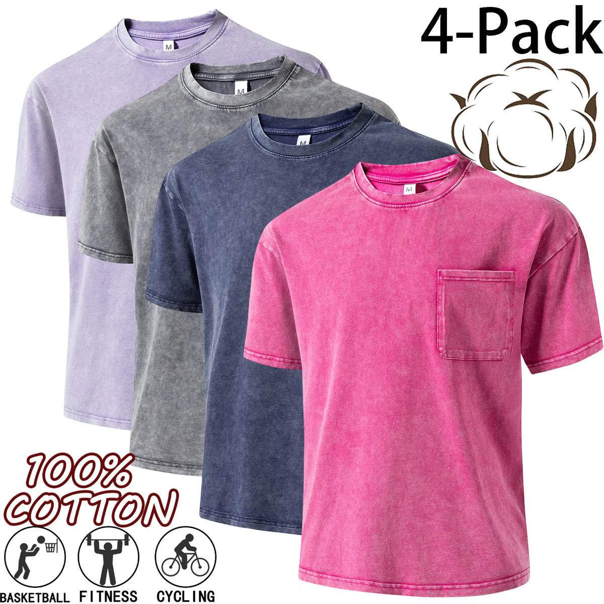 4-pack men’s 100% pure cotton vintage washed T-shirts for couples, casual fashion that matches any outfit—new unisex crew-neck short-sleeve tops suitable for outdoor sports, everyday wear, and street outings.