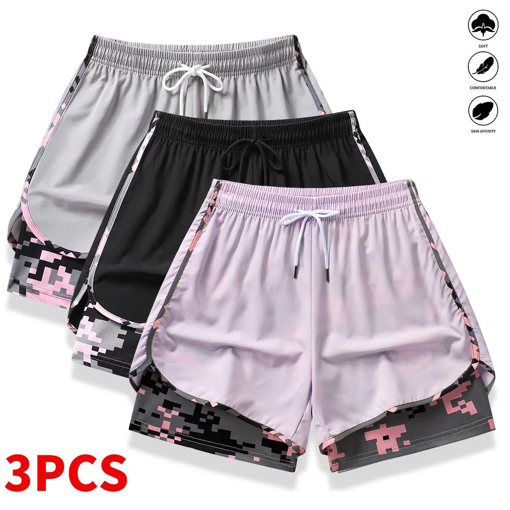 [3-Pack] Women's Athletic Shorts with Liner: Elastic Drawstring Running Shorts