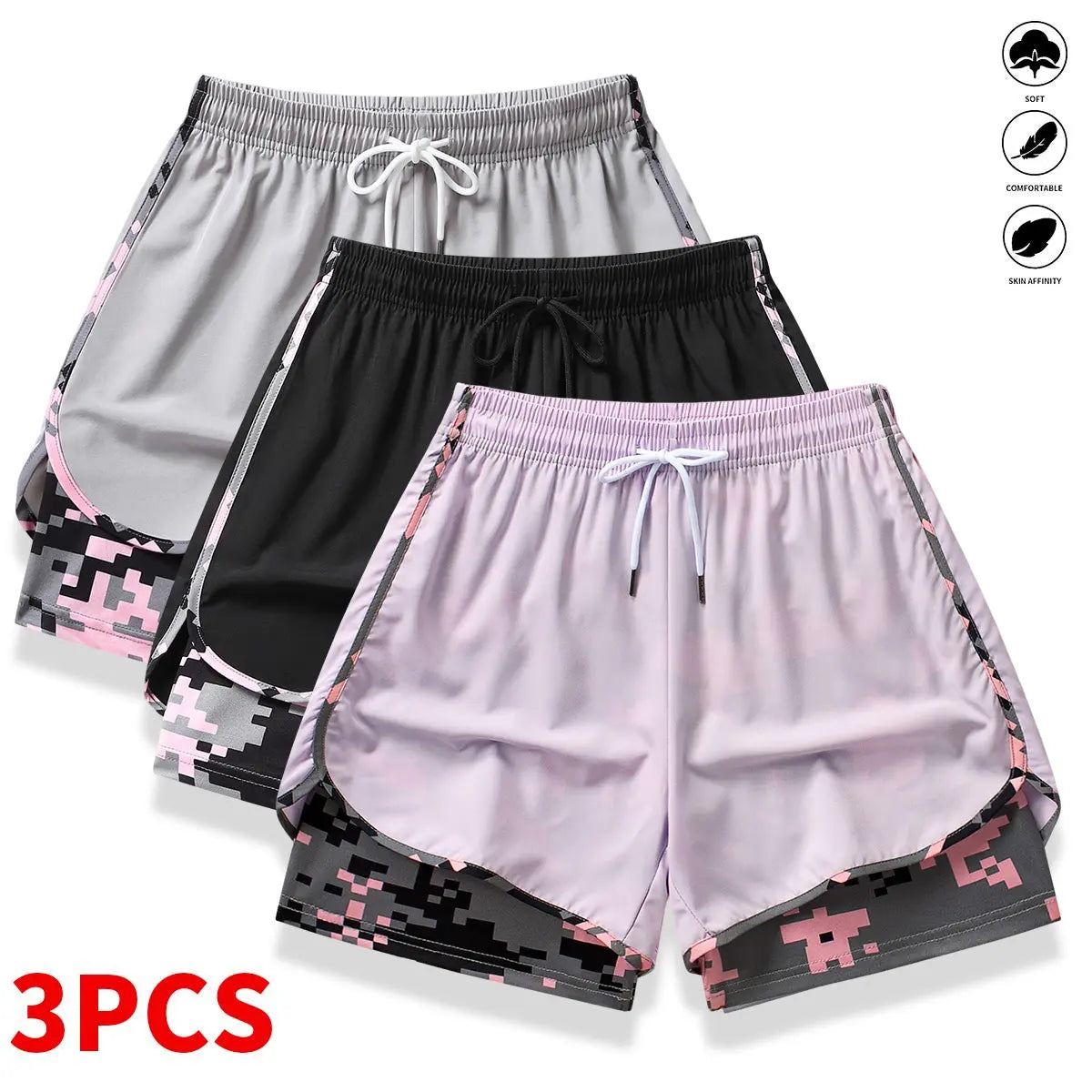 [3-Pack] Women's Athletic Shorts with Liner: Elastic Drawstring Running Shorts