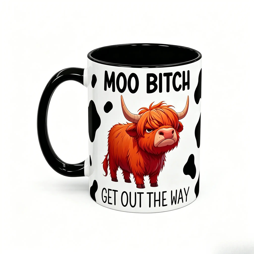 Funny Highland Cow Attitude Ceramic 11oz & 15oz Mug, Sassy Farm Animal Quote Print Coffee Cup, Black and White Cow Pattern Drinkware, Novelty Humorous Gift for Friends and Colleagues