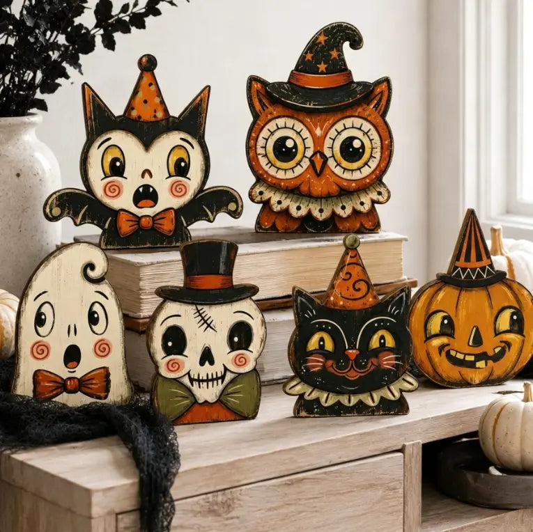 6PCS Halloween Wooden Shelf Sitter Set – Cute Ghost, Pumpkin & Black Cat Table Decor | Rustic Farmhouse Halloween Tiered Tray Decorations | Fall Home & Office Party Display
