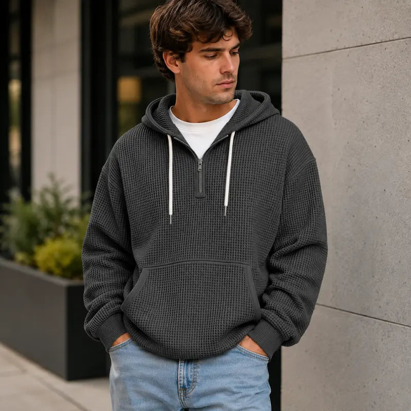 Men's Waffle Knit Half Zip Hoodie with Kangaroo Pocket