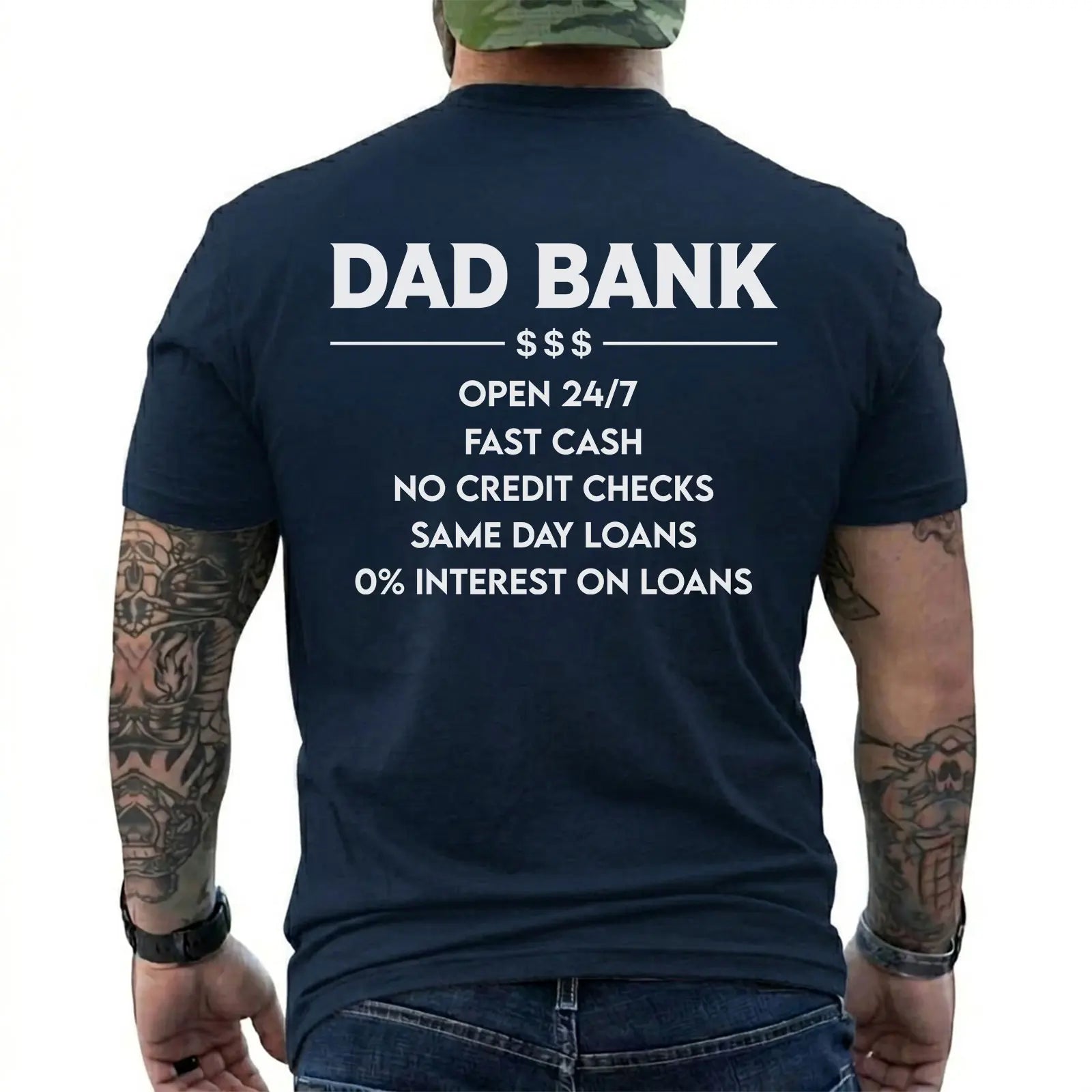 Funny Dad Bank T-Shirt for Men – “Open 247, No Credit Checks” Graphic Tee, Perfect Father’s Day Gift for Dad, Husband, Funny Family Humor Shirt, Short Sleeve Printed Graphic Shirt, Daily Casual Cotton Menswear
