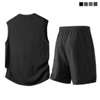 Men's 2-Piece Plain Waffle Knit Sports Clothing Set - Sleeveless Round Neck Tank Top, Elastic Waist Drawstring Casual Shorts, Breathable Comfortable Summer Apparel for Workout, Daily Wear, Two Piece Set