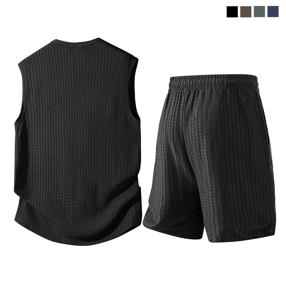 Men's 2-Piece Plain Waffle Knit Sports Clothing Set - Sleeveless Round Neck Tank Top, Elastic Waist Drawstring Casual Shorts, Breathable Comfortable Summer Apparel for Workout, Daily Wear, Two Piece Set