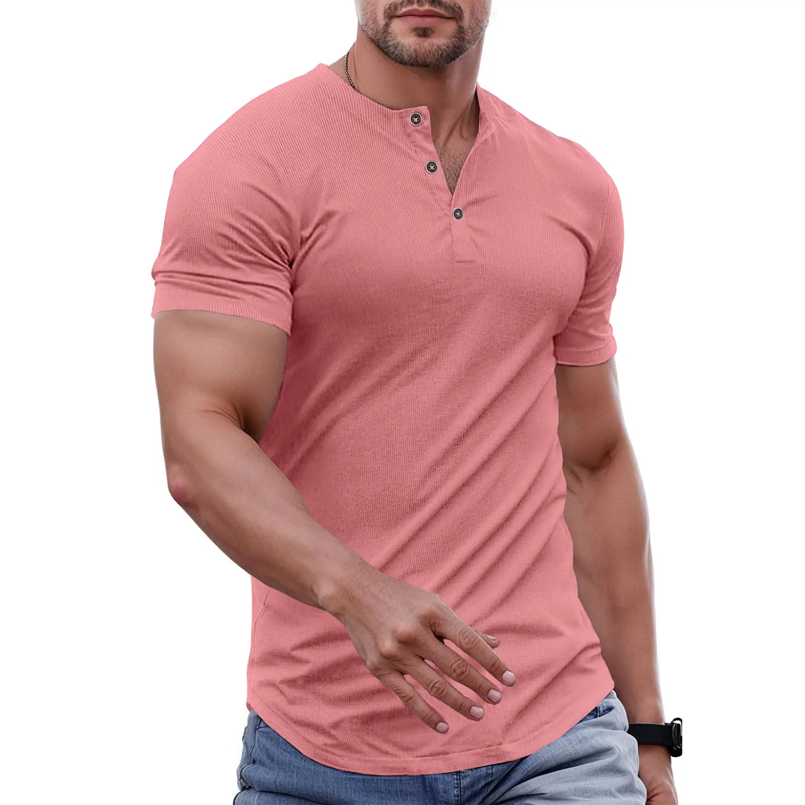 Men's Slim Fit Henley Athletic Longline Workout T-Shirt Heavyweight Stretch