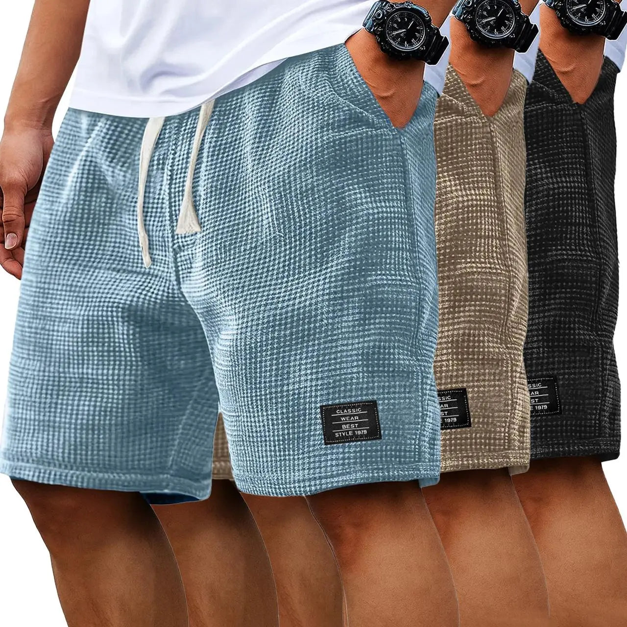 Men's 2-Pack Waffle Casual Shorts (Loose Fit, Solid Color)