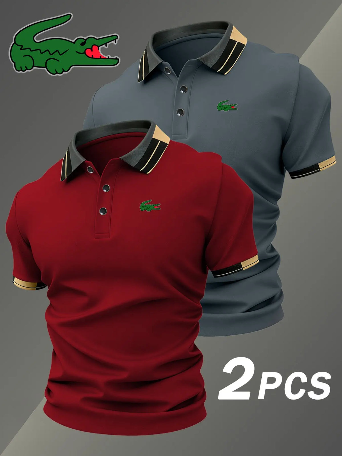Men's Crocodile Print Polo Shirt, Elastic Classic Casual Breathable, Four-Season Wear, Comfortable Durable Polo, Two-Piece Set