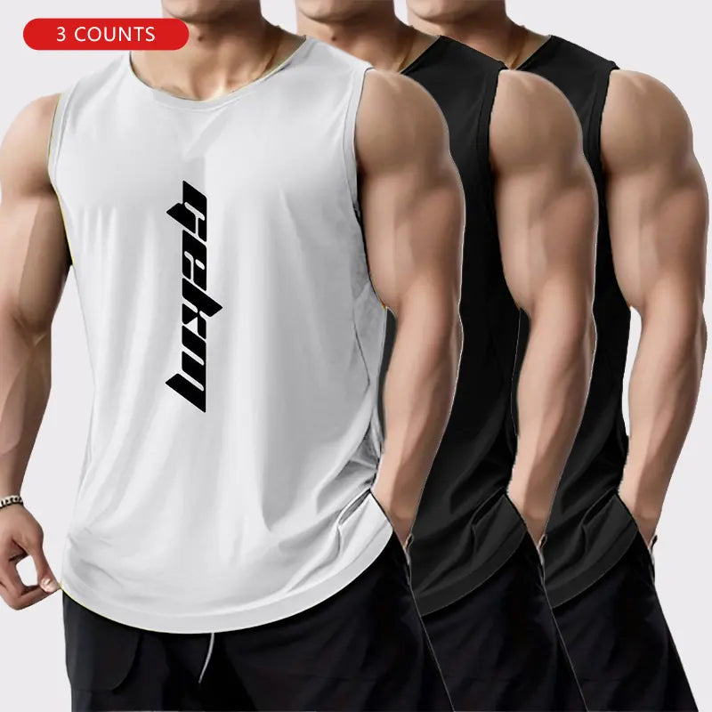 3-Pack Men's Letter Print Basketball Jersey Tank Tops - Breathable Polyester Mesh