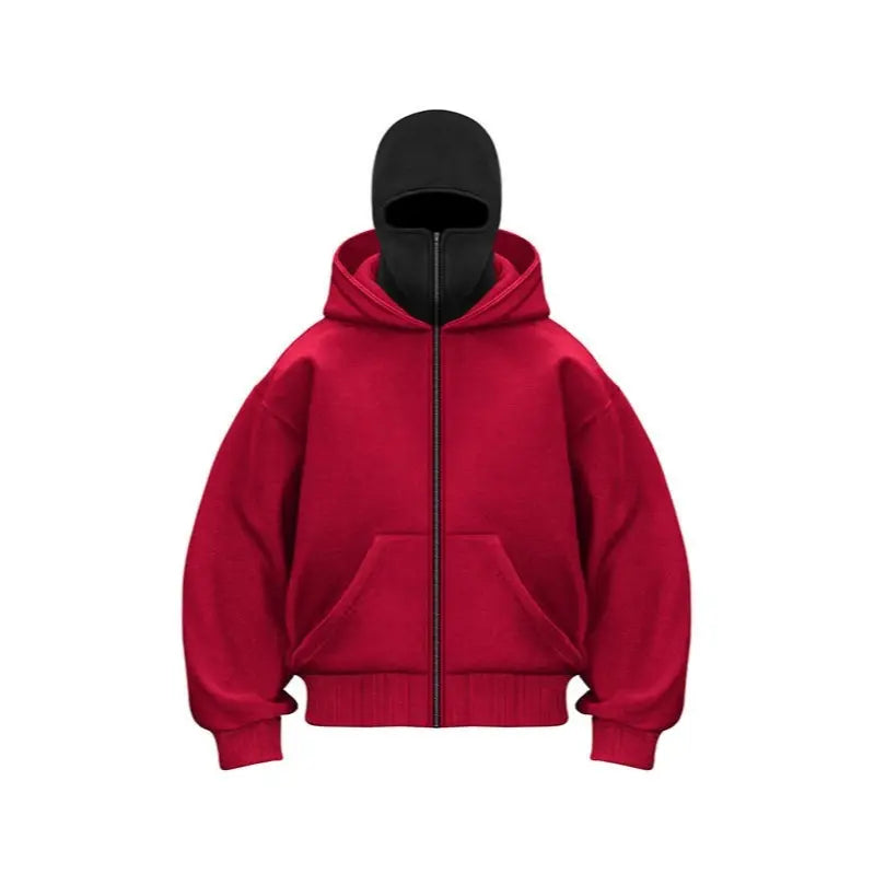 Balaclava Hoodie With Built-In Zip - Black Polyester Long Sleeve Men's Athletic Sweatshirt for Autumn Winter Sports & Casual Wear