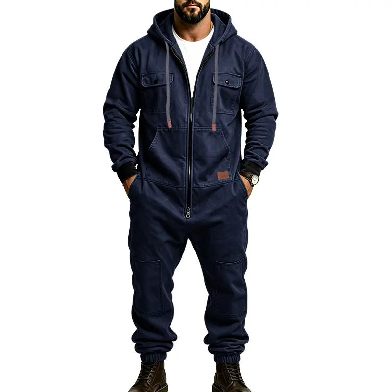 Men’s Hooded Cargo Jumpsuit for Men, Multi-Pocket Zip Front Workwear Coveralls, Relaxed Fit Long Sleeve Utility One Piece Outfit, Outdoor Work Hiking Camping Travel Streetwear Casual Overall with Elastic Cuffs and Drawstring Hood