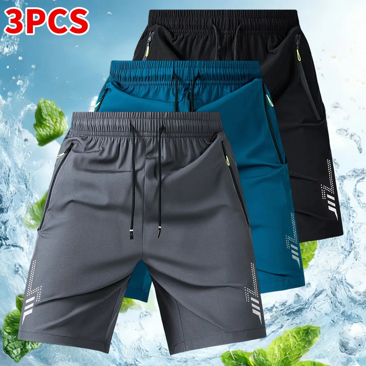 3-Pack Men's Athletic Shorts - Reflective Geometric Prints, Zipper Pockets