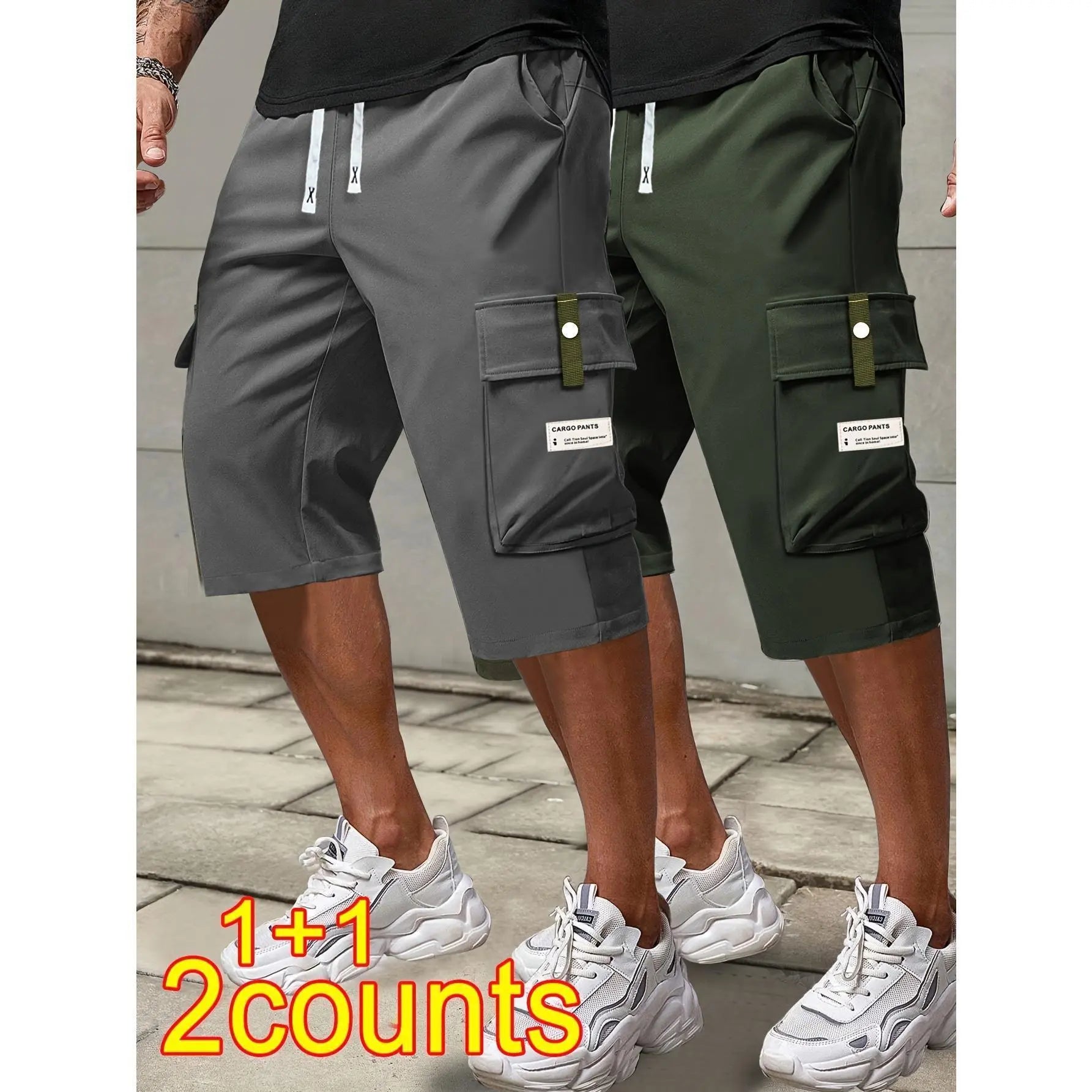 Men's Plus Size Cargo Shorts - Elastic Drawstring Waist & Multi-Pockets
