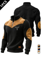Men's Half-Zip Stand Collar Knit Top, Suede Texture Shoulder Patches, Bull Head Print, Slim Fit, Retro American Style, Casual Wear, Knitwear