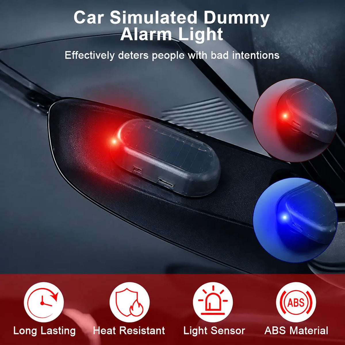 Solar Powered Fake Car Alarm Light,  Plastic Material Auto Light Sensor LED Simulated Security Warning Flashing Light, No Wiring DIY Car Anti-Theft Dummy Alarm Lamp