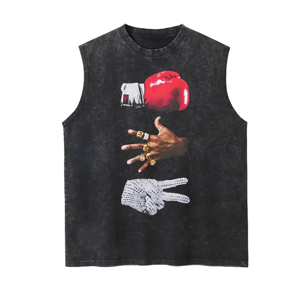 Retro Hip Hop "Boxing Championship Rings and Gloves" Graphic Vintage Washed Tank 90s Graphic Sleeveless Tank Tops Men Vest Streetwear Outfits Men Vacation Outfits Sleeveless Shirt