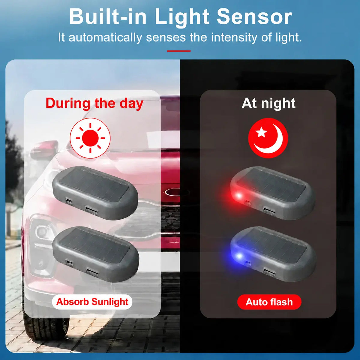 Solar Powered Fake Car Alarm Light,  Plastic Material Auto Light Sensor LED Simulated Security Warning Flashing Light, No Wiring DIY Car Anti-Theft Dummy Alarm Lamp