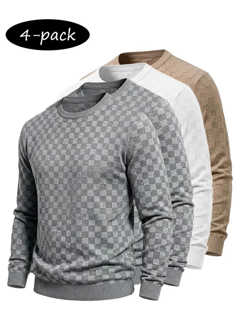 4-Pack Men's Plaid Knit Sweatshirts, Textured Grid Pattern Long Sleeve, Soft Lightweight Casual Top, Ideal for Fall Winter Streetwear