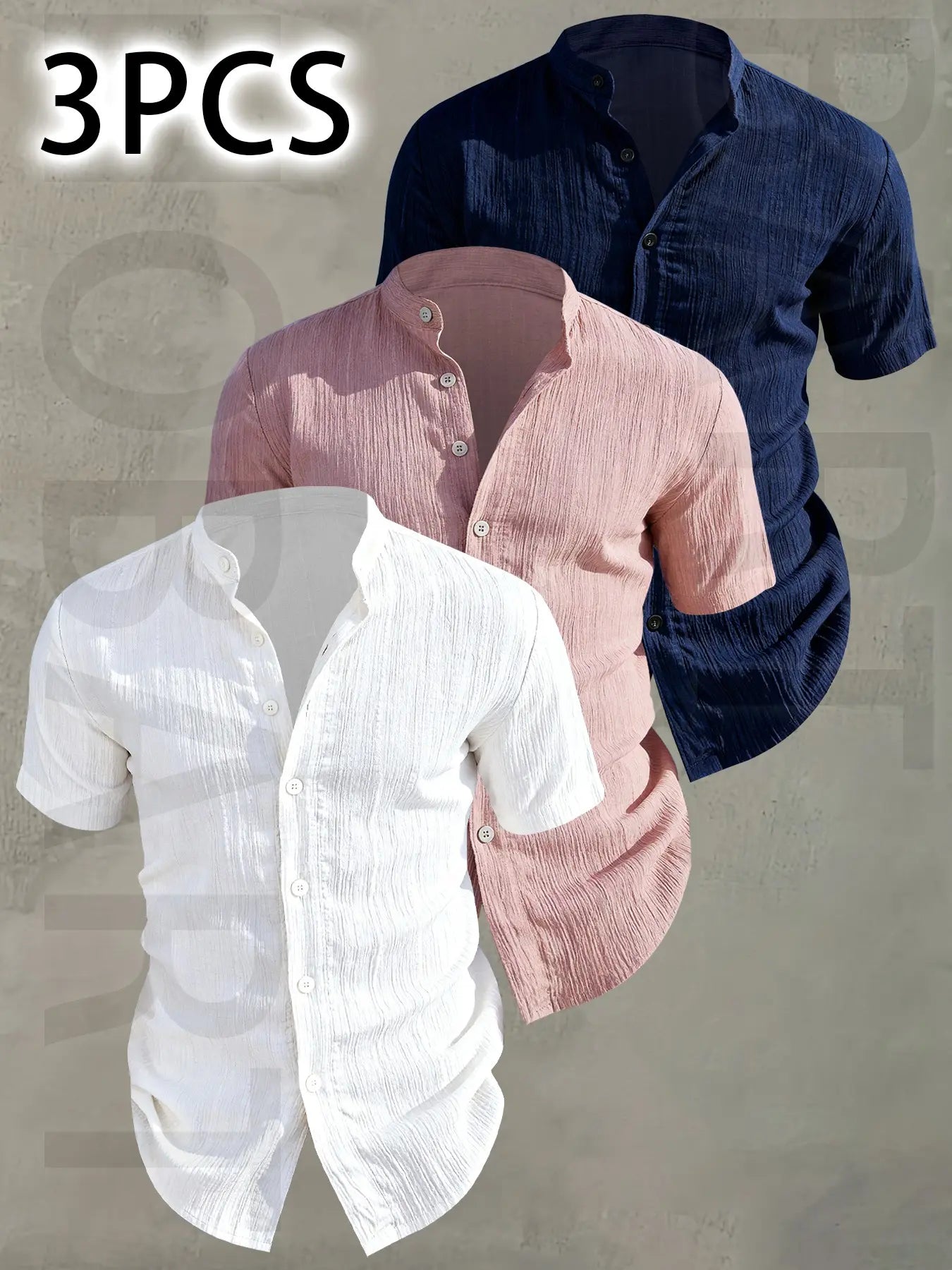 3pcs Men's Summer Lightweight Casual Button-Up Shirts with Stand Collar