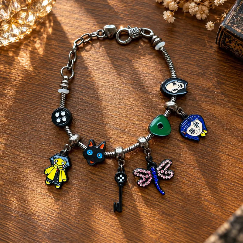 Corallne Secret Door Charm Bracelet with Enamel Button and Key Pendants
