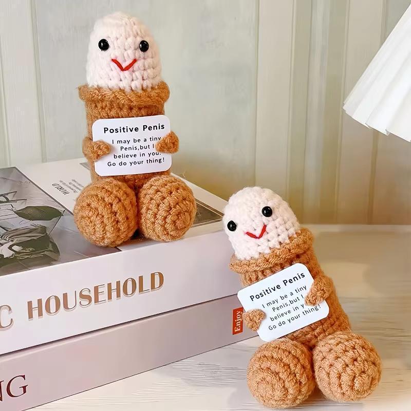 Funny Emotional Cute Crochet Doll, 1 Count Creative Knitted Decor with Positive Message Card, New Year Birthday Gift,Gifts Boyfriend,Fun Desk Decoration, Inspirational Gift for Friends Women，Support Plushies,Cuddly Doll Gift， Halloween Toy summervibes