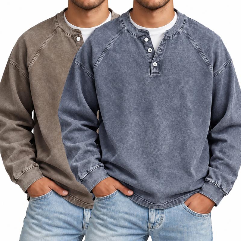 Men's Vintage Washed 3-Button Henley Long Sleeve Plain Pullover, Soft Polyester Oversized Relaxed-Fit Men's Clothing, Dark Brown Casual Streetwear, Dry Clean Compatible Stand Collar Shirt, Everyday Wear Outfits Ribbed Tshirt Wetsuit Menswear Beige Top