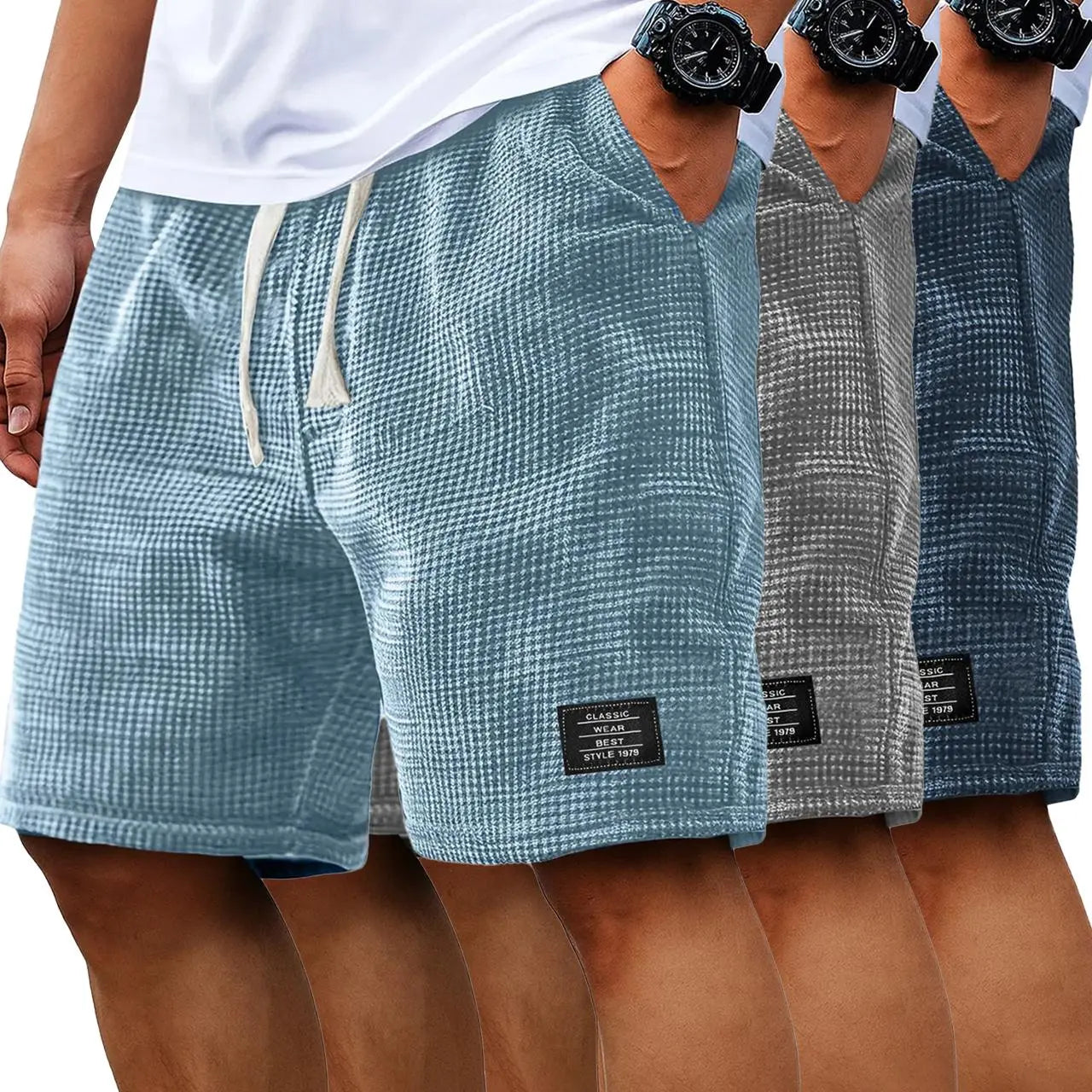 Men's 2-Pack Waffle Casual Shorts (Loose Fit, Solid Color)