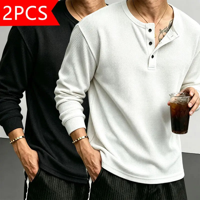Men’s waffle-knit Henley-collar T-shirt featuring a half-button placket and small stand collar design, breathable textured knit fabric, relaxed drop-shoulder fit, solid color basic top for everyday casual wear.