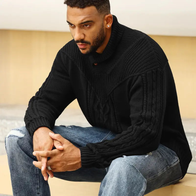 Wizoat Men's Clothing Long Sleeve Shawl Collar Cable Knit Button Fit Knitted Pullover Knitwear - Plain Black, Soft, Relaxed-Fit, Ribbed Cuffs Casual Top, Warm Fall Winter Layer for Daily Office, Matches Shirts Jeans, Hand Wash,sohochic