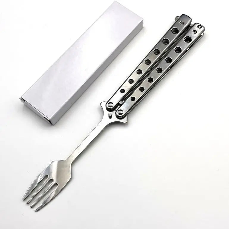2 Pcs Butterfly Fork and Spoon Set, Tactical Butterfly Spoon Folding Stainless Steel Spork Utensil Set Balisong Trainer for Travel Camping Hunting BBQ Kitchen