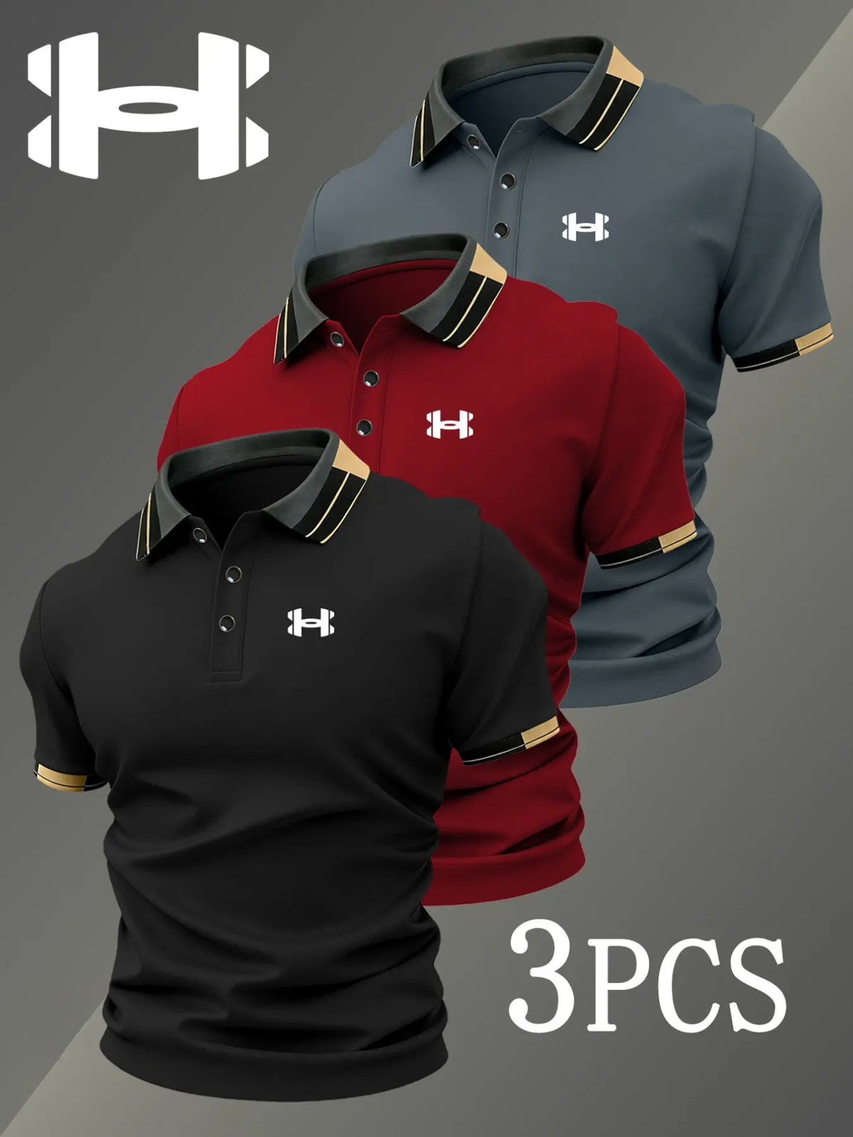 Men's Golf Polo Shirts Set, Fashion Logo Print, Fitted Trendy Casual Geometric Pattern, Breathable Stretchy Fabric, All-Season Comfort, Short Sleeve Polo, Collared Polo Shirts
