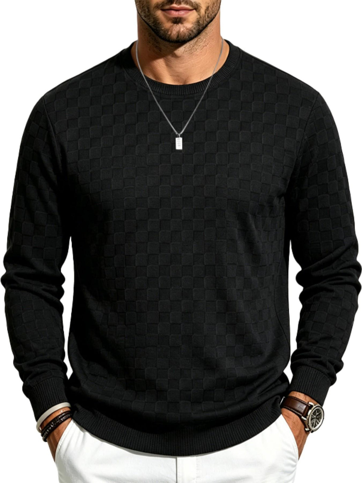 4-Pack Men's Plaid Knit Sweatshirts, Textured Grid Pattern Long Sleeve, Soft Lightweight Casual Top, Ideal for Fall Winter Streetwear