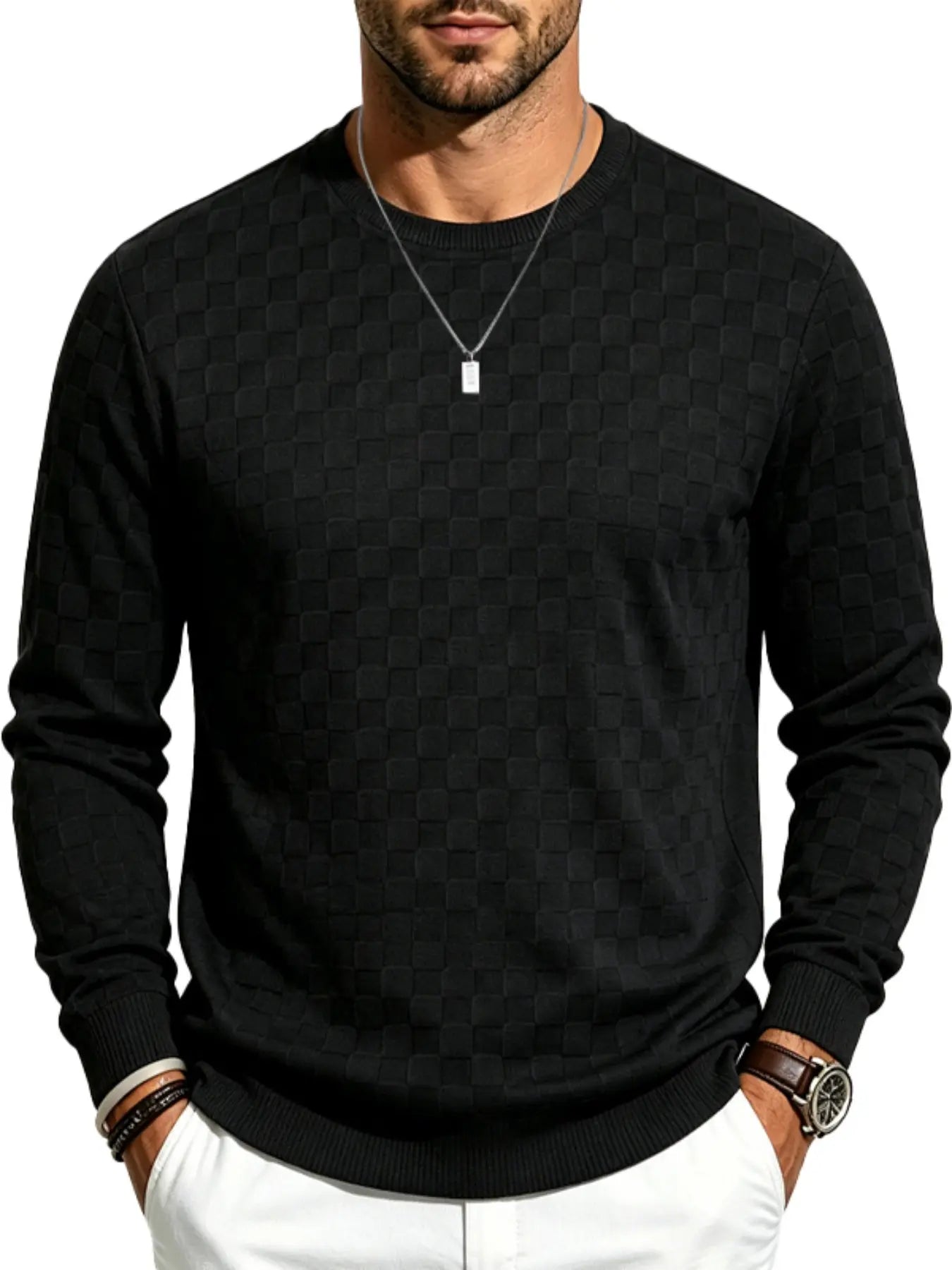 Men's Textured Checkered Knit Sweatshirt, Crew Neck Long Sleeve, Soft Lightweight Casual Top, Minimalist Fall/Winter Knitwear