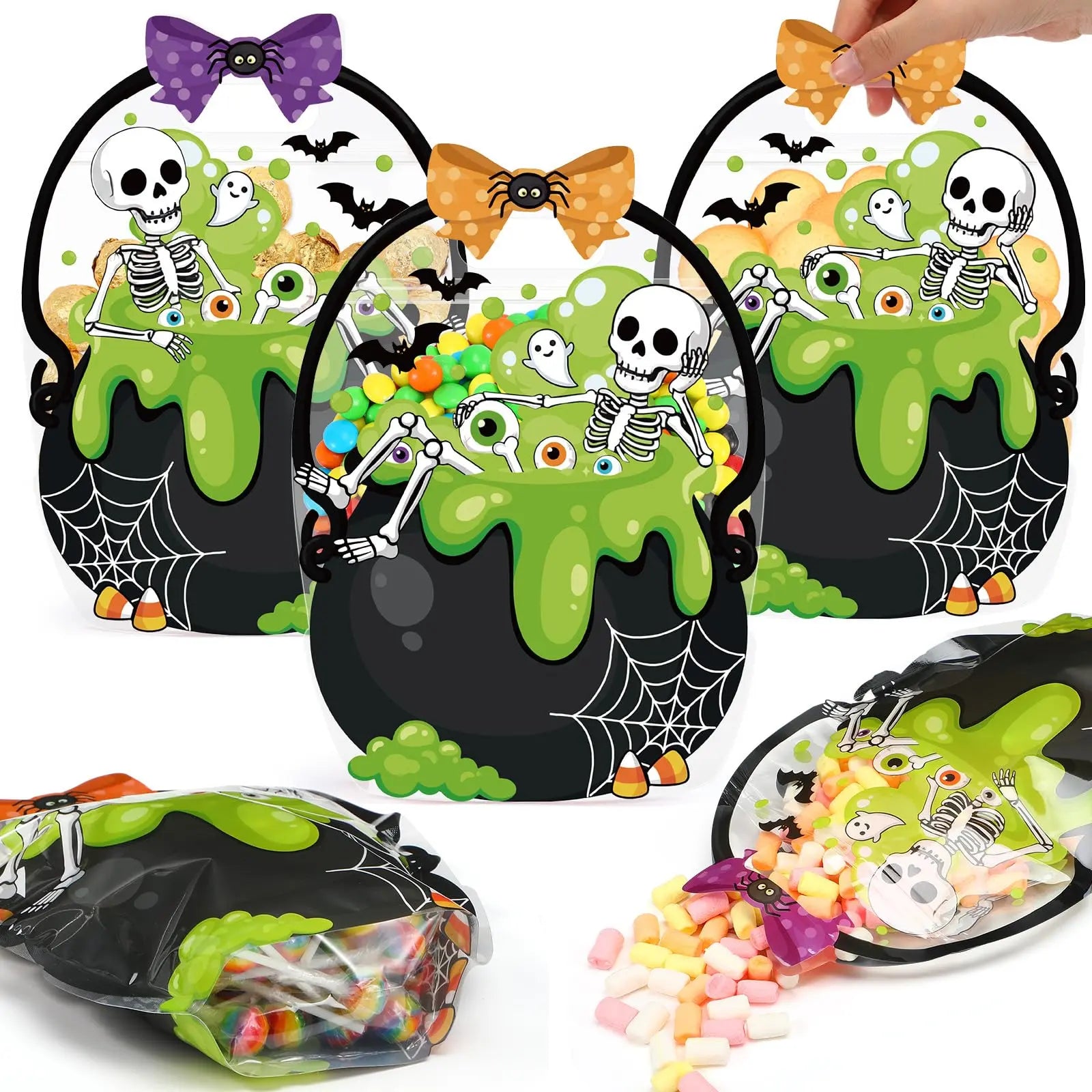 24/50 Pcs Halloween Goodie Bags Plastic Candy Bag Trick or Treat Bags with Cauldron Skeleton black Cat Skull Pumpkin Design,Treat Bags for Student Teacher Colleagues Neighbors,Classroom Snack Storage for Halloween Birthday Party Favor Supplies