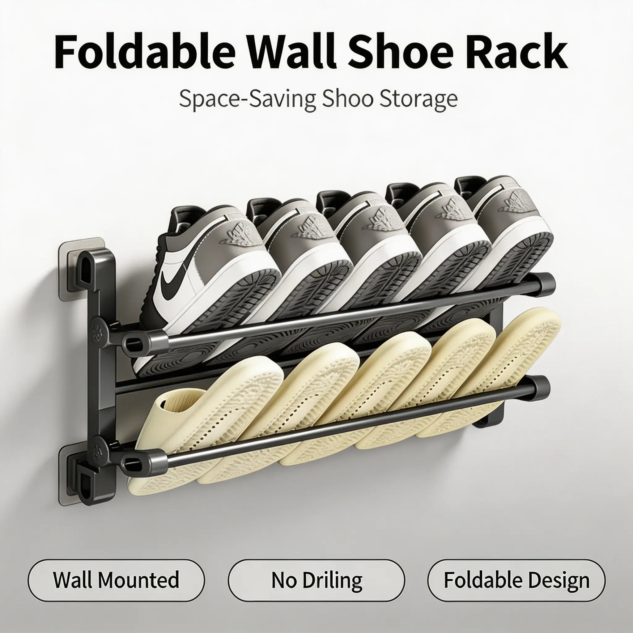 Foldable Wall-Mounted Shoe Rack, Space-Saving Plastic & Steel Hanging Slipper Holder, Compact Shoe Storage Organizer for Bathroom, Entryway, Closet, Bedroom, Door & RV