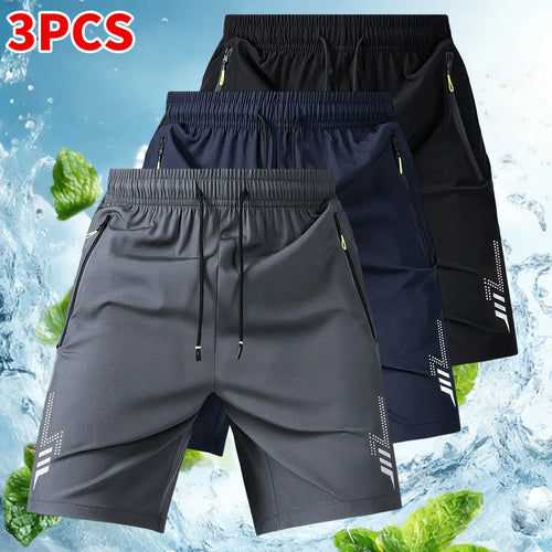 3-Pack Men's Athletic Shorts - Reflective Geometric Prints, Zipper Pockets