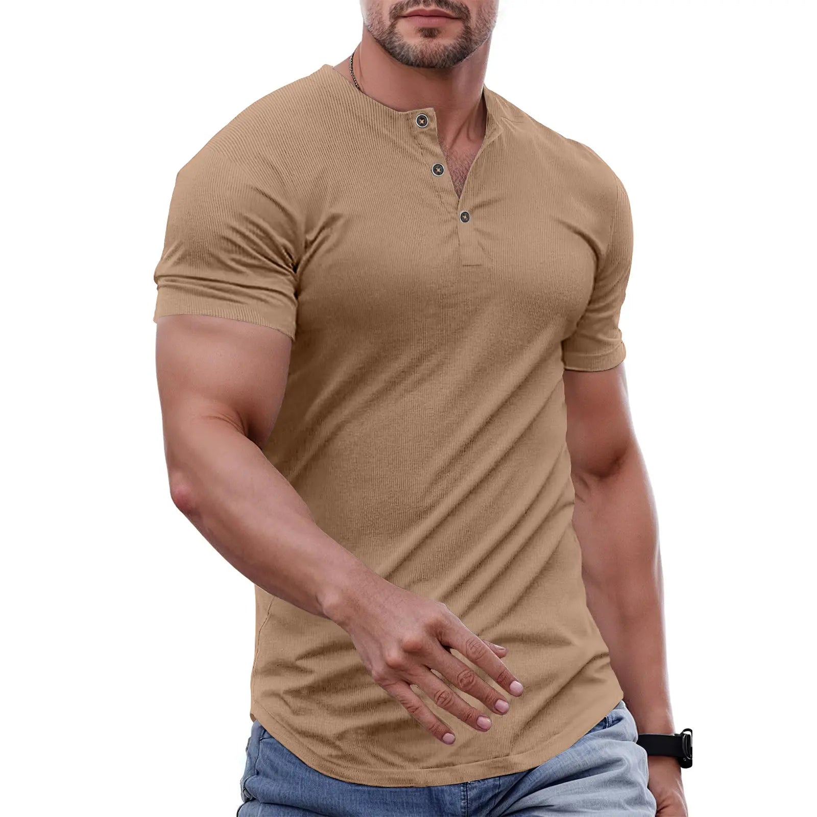 Men's Slim Fit Henley Athletic Longline Workout T-Shirt Heavyweight Stretch