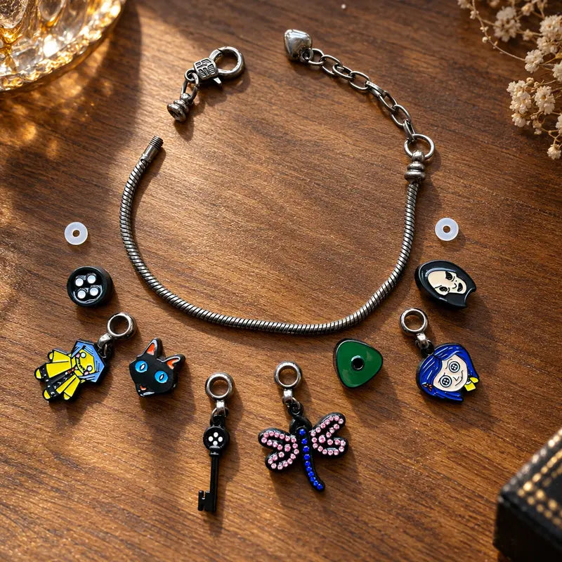 Corallne Secret Door Charm Bracelet with Enamel Button and Key Pendants
