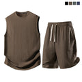 Men's 2-Piece Plain Waffle Knit Sports Clothing Set - Sleeveless Round Neck Tank Top, Elastic Waist Drawstring Casual Shorts, Breathable Comfortable Summer Apparel for Workout, Daily Wear, Two Piece Set