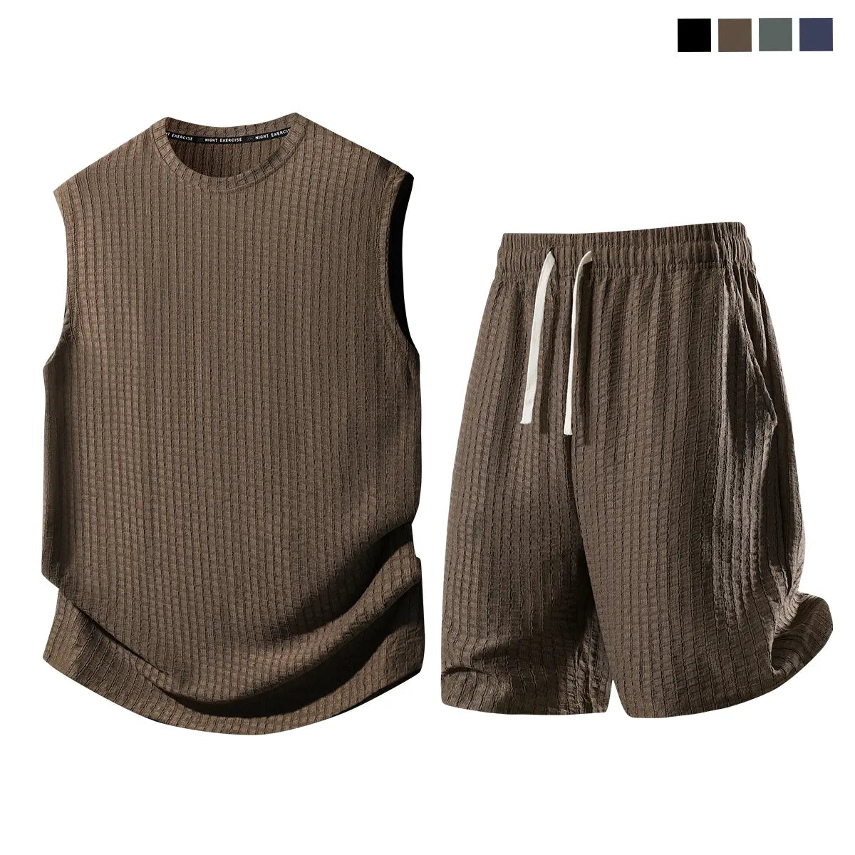 Men's 2-Piece Plain Waffle Knit Sports Clothing Set - Sleeveless Round Neck Tank Top, Elastic Waist Drawstring Casual Shorts, Breathable Comfortable Summer Apparel for Workout, Daily Wear, Two Piece Set