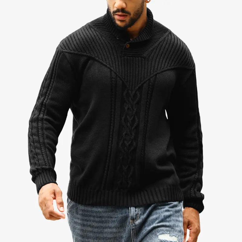 Wizoat Men's Clothing Long Sleeve Shawl Collar Cable Knit Button Fit Knitted Pullover Knitwear - Plain Black, Soft, Relaxed-Fit, Ribbed Cuffs Casual Top, Warm Fall Winter Layer for Daily Office, Matches Shirts Jeans, Hand Wash,sohochic