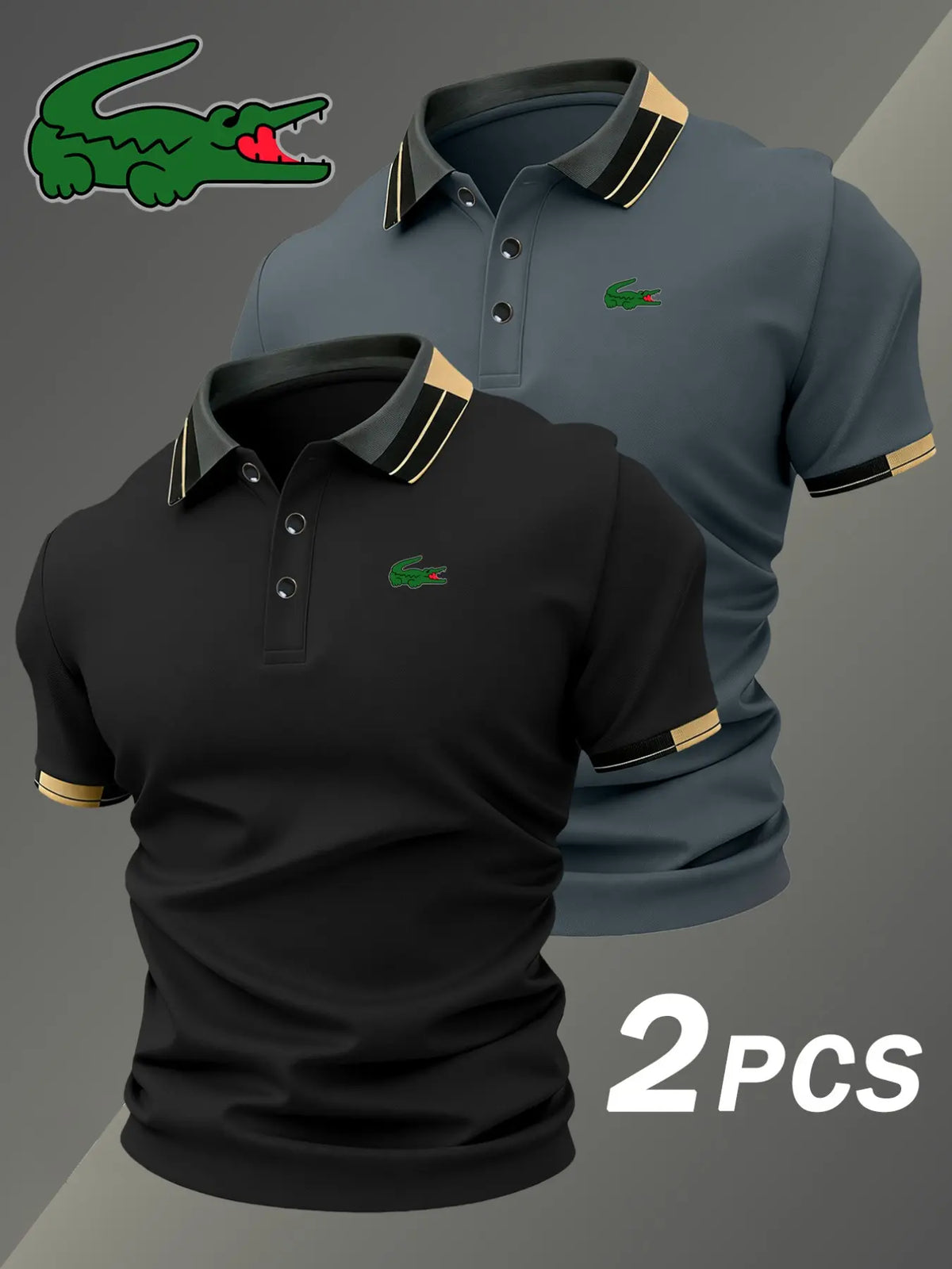 Men's Crocodile Print Polo Shirt, Elastic Classic Casual Breathable, Four-Season Wear, Comfortable Durable Polo, Two-Piece Set
