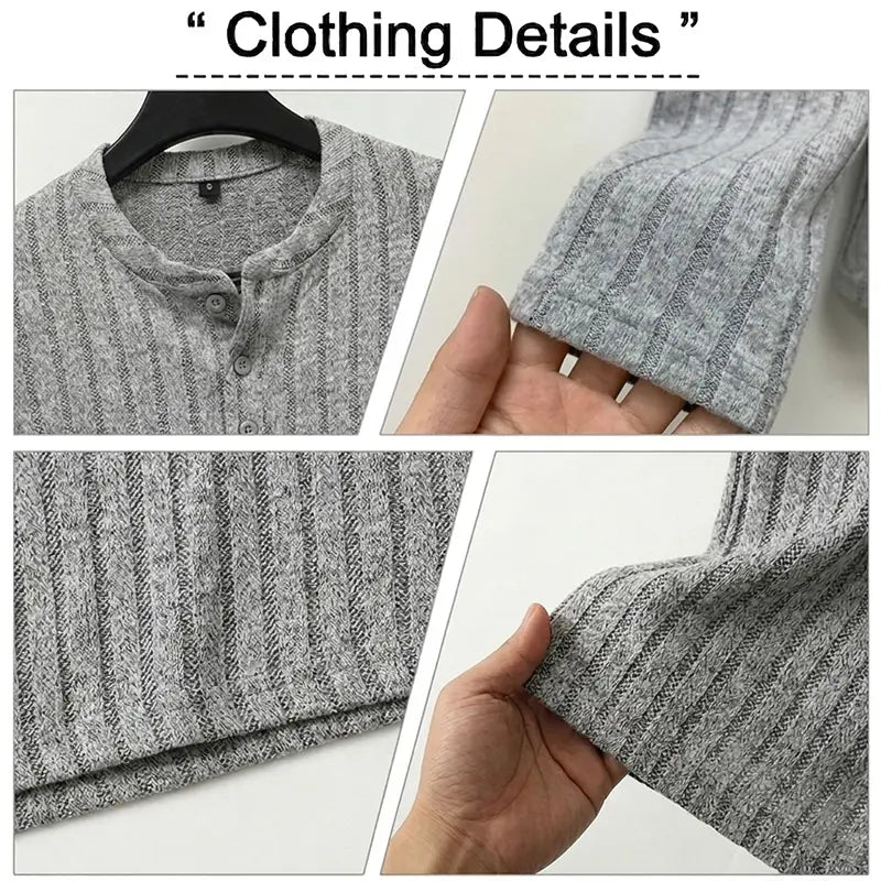 Men’s Ribbed Henley Long Sleeve Shirt Slim Fit Stretch Casual Knit Pullover for Men Soft Breathable Fashion Tee