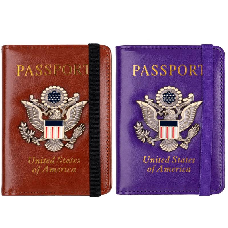 RFID Blocking Passport Holder for Women Men, Leather Passport Travel Wallet with Metal 3D Metal Badge, Travel Document Holder Cover Accessories (Dark Blue)
