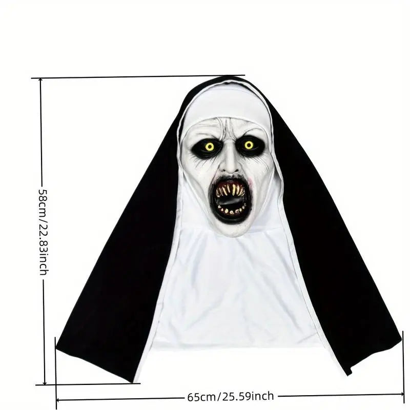 Funky Nun Latex Mask for Halloween - Creepy Horror Costume Accessory with Yellow Eyes & Distorted Teeth for Halloween & Cosplay